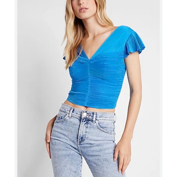 Express Women's Blue Pleated Flutter Sleeve Crop Top Sz Small - Picture 1 of 5